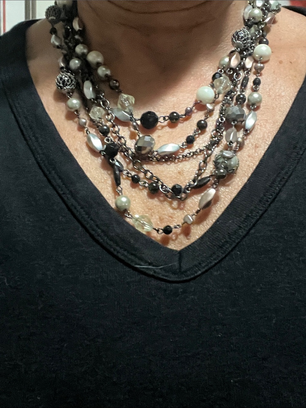 Lia Sophia Layered Black, Silver and Pearl Multi-Strand Necklace